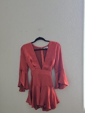 Rust Red Deep V-Neck Ruffled Romper
